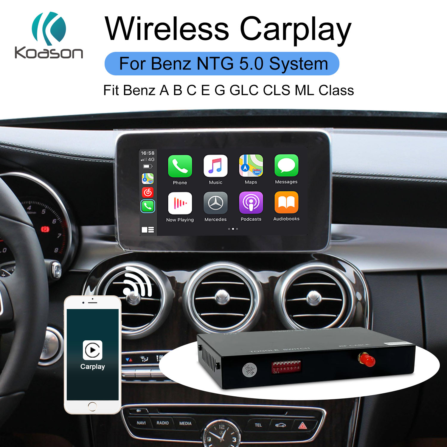 koason Wireless Apple CarPlay Android Auto box for Benz A CLA GLA C E ML GLK G NTG5.0 W205/ W204/ S204/ W176/ X176/ W212/ S212/ W218/ W246/ W221/ W166/ X166