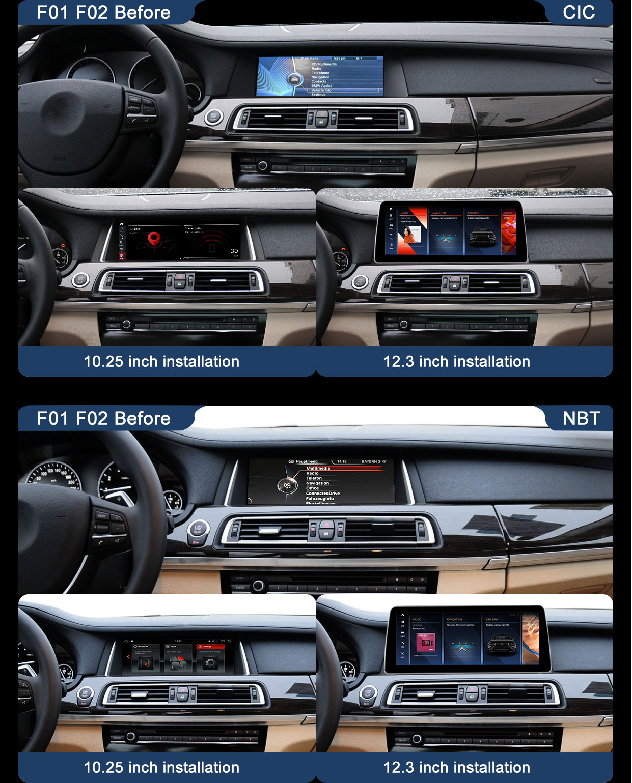 BMW E63 Screen Upgrade NBT system 8.4 inc,8.8 inc,10.25 inc,12.3 inc RAM ROM 4-64G,8-128G,8-256G Qualcomm CPU 8 cores 665,680